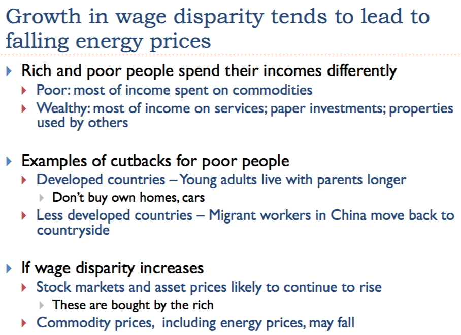 Slide 22. Growing wage disparity tends to lead to falling energy prices.